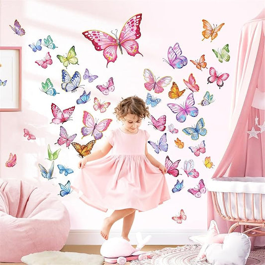 decalmile Pink Butterfly Wall Stickers Colorful Watercolor Butterflies Wall Decals Baby Nursery Bedroom Girls Room Home Decor