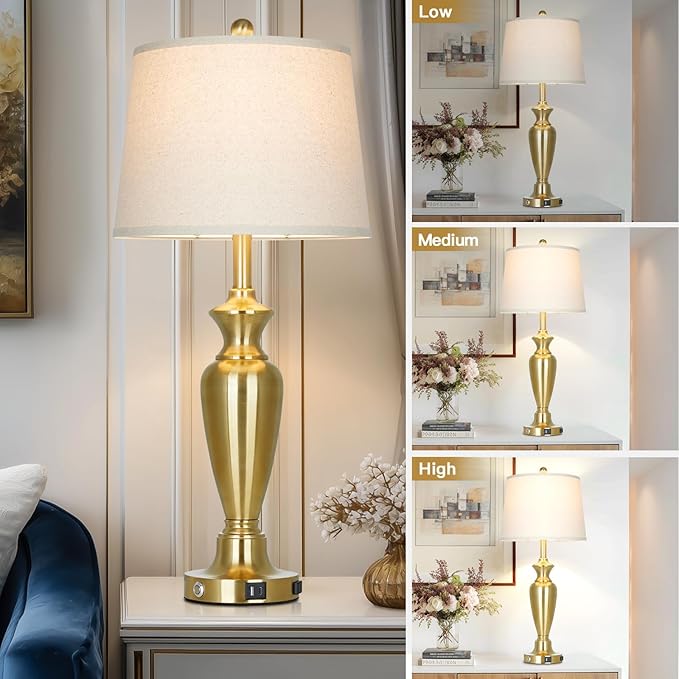 luxeflow Gold Table Lamp for Living Room Single, 30″ Tall Touch Control Bedside Lamp for Nightstand, 3-Way Dimmable Bedroom Lamp with USB A+C Ports and AC Outlet (1 Pack)