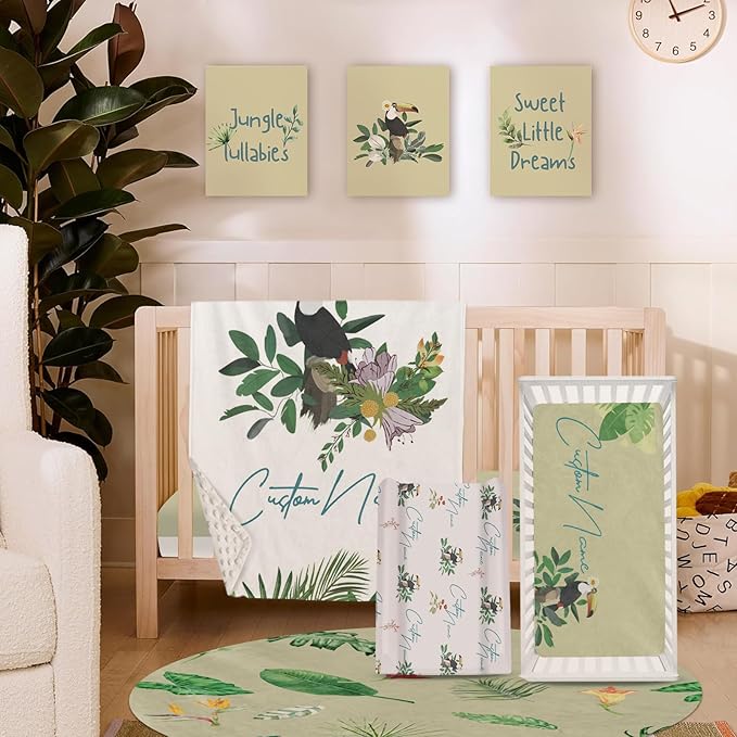 Custom Crib Bedding Set – Personalized Name Tropical Toucan Baby Bedding 5-Piece Set with Soft Blanket, Fitted Sheet, Changing Pad Cover, Rug and Wall Art – Colorful Jungle Nursery Decor