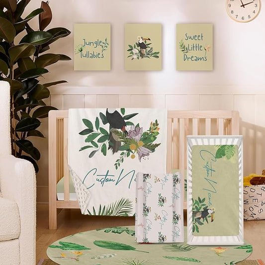 Custom Crib Bedding Set – Personalized Name Tropical Toucan Baby Bedding 5-Piece Set with Soft Blanket, Fitted Sheet, Changing Pad Cover, Rug and Wall Art – Colorful Jungle Nursery Decor