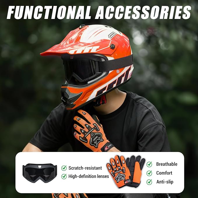 Youth Dirt Bike Helmet DOT Certified - Full Face Motorcycle Helmet for Off-Road, ATV, Street Riding, Includes Adjustable Goggles & Protective Gloves