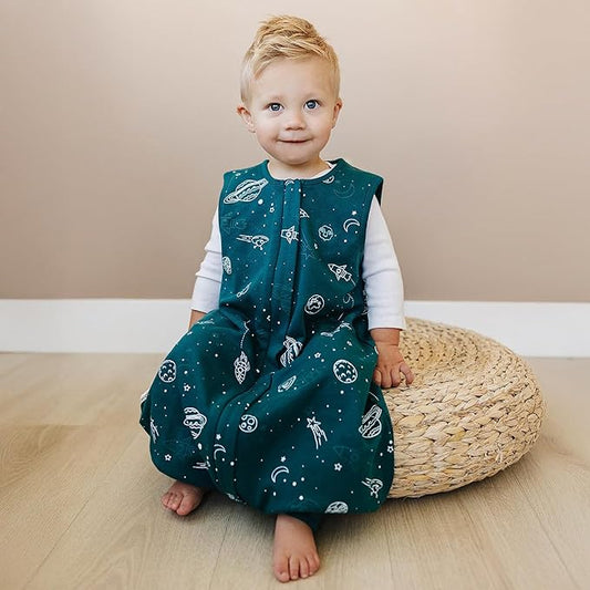 Woolino 4 Season Baby Sleep Bag or Sack with feet, Australian Merino Wool and Organic Cotton, Toddler Sleeping Bag, 18-36m, Space (Glow In The Dark)