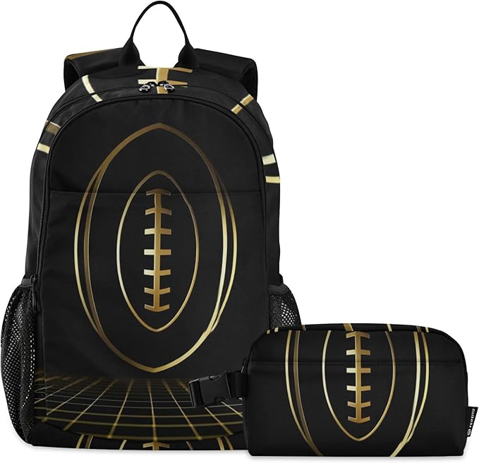 Jucciaco American Football Gold Backpack with Lunch Bag, School Travel Backpack for Teens Boys Girls Backpacks Set