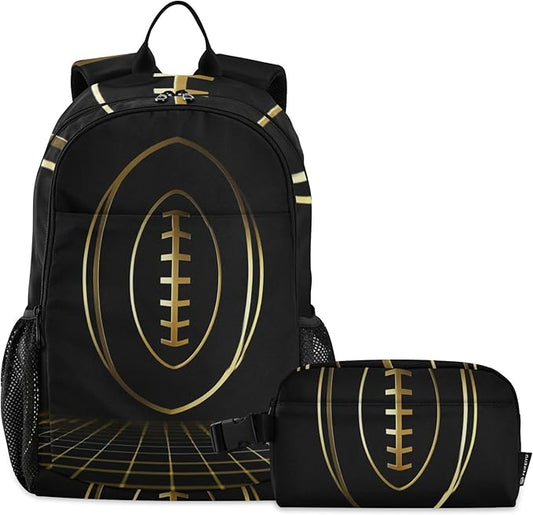Jucciaco American Football Gold Backpack with Lunch Bag, School Travel Backpack for Teens Boys Girls Backpacks Set