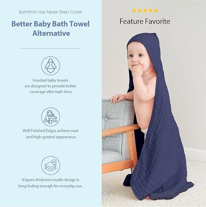 Hooded Baby Towels – Pack of 2 | 100% Muslin Cotton 35x35 in Larger for Better Comfort | Soft & Absorbent Newborn Bath Towel | Large Baby Hooded Towels for Boys & Girls | Baby Shower | Better Quality