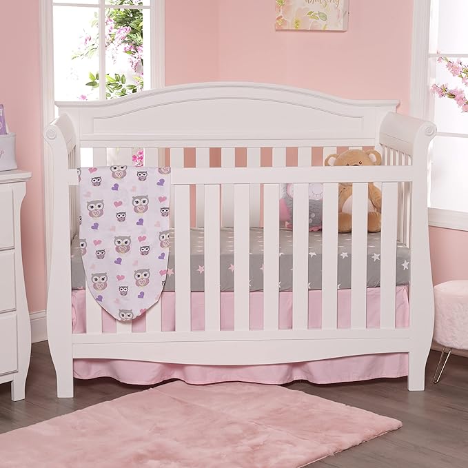 2 Pack Fitted Crib Sheets for Girls in 100% Jersey Knit Cotton – Girl’s Crib Mattress Sheets with a Nature Theme of Owls with Purple and Pink Hearts and a Gray Sheet with Pink Hearts by Everyday Kids