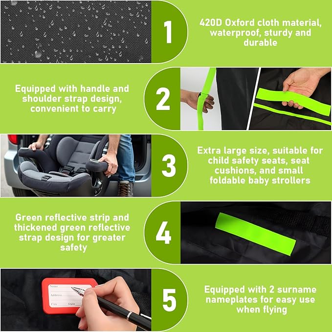 Car Seat Bags For Airplane Travel, Gate Check Bag, Durable Travel Bag with Thickened Shoulder Straps and 2pcs Luggage Tags For Airplane