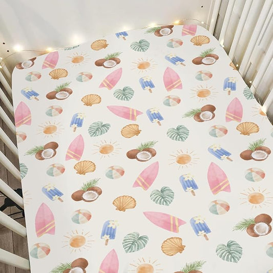 Neutral Summer Beach Baby Crib Sheets for Boy Girl 52x28Inch Surfboard Coconut Seashells Sun Balls Soft Snug Fitted Crib Mattress Cover Seaside Holiday Baby Sheet for Crib and Toddler Bed Mattress