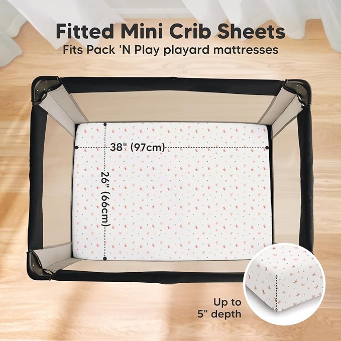 2 Pack and Play Sheets, Waterproof Mini Crib Sheets Fitted - 38x26 Organic Cotton Pack N Play Sheets for Graco Pack and Play Mattress,Playard Baby Crib Sheets,Neutral for Boy,Girl,Toddler(Butterflies)
