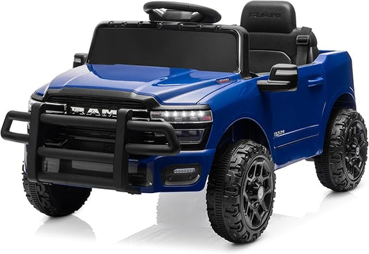 Kidzone 12V Licensed RAM 3500 Ride-On Truck for Kids, Battery Powered Electric Car w/Parent Remote Control & Manual Drive, Bluetooth, LED Lights - Blue