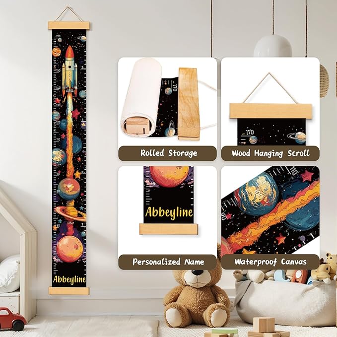 Woodemon Personalized Name Kids Growth Chart for Wall, Rocket Premium Canvas Removable Height Chart for Kids, Height Measurement for Wall, Height Chart for Kids & Babies, Kids Nursery Decor