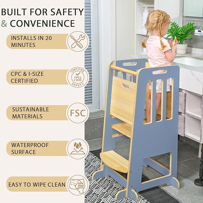 WINGYZ Toddler Tower – Adjustable Step Stool Helper for Kids 18M–6Y, Kitchen Learning Stool with Safety Rail, 3-Height Adjustable, Sliding Door, Full Support Foot, Wooden Updated Design, Light Blue
