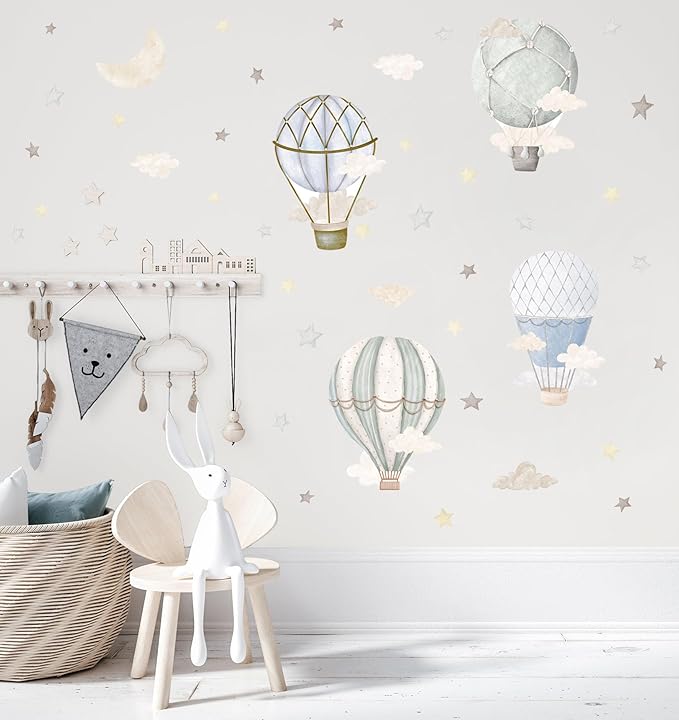 YIMEHDAN Watercolor Hot Air Balloon Wall Decals, Stars Clouds Balloon Vinyl Wall Stickers, Peel and Stick Colorful Artwork for Nursery Bedroom Toddler Room Playroom Decor