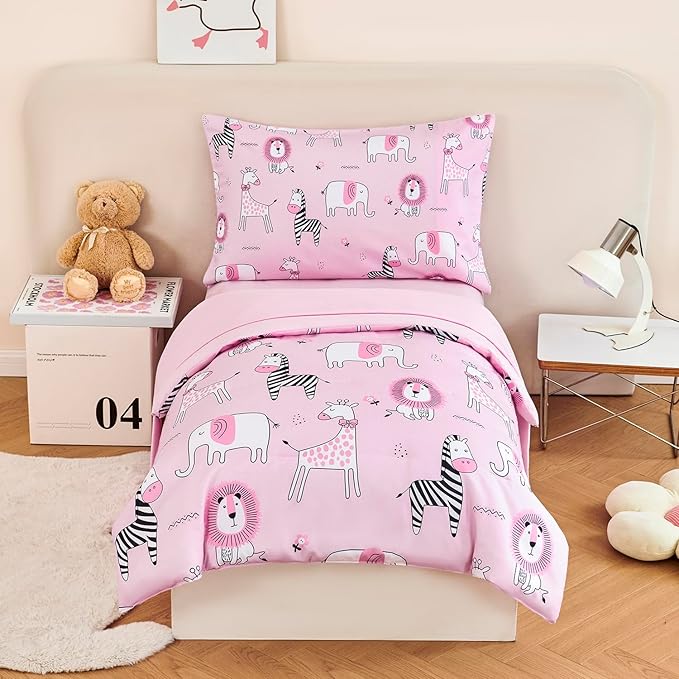 URBONUR 4-Piece Toddler Bedding Set - Ultra Soft Cartoon Pink Zoo Animals Girls Toddler Comforter Set - Include Comforter, Flat Sheet, Fitted Sheet and Reversible Pillowcase, Pink Animal