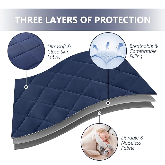 TILLYOU Pack and Play Sheets for Toddler Mattress, Mini Crib Sheets Fitted Up to 3" Deep, Breathable and Soft fit 39"x27", Navy