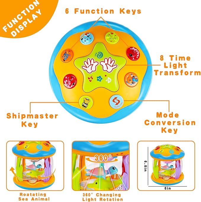Tsomtto Baby Musical Toys 12 Months Rotating Projector Light Up Infant Tummy Time Toys Sensory Toddler Toy Age 1-2-4 New Birthday Gifts for 1 Year Old Girl Boy Baby Aquarium Learning Toy