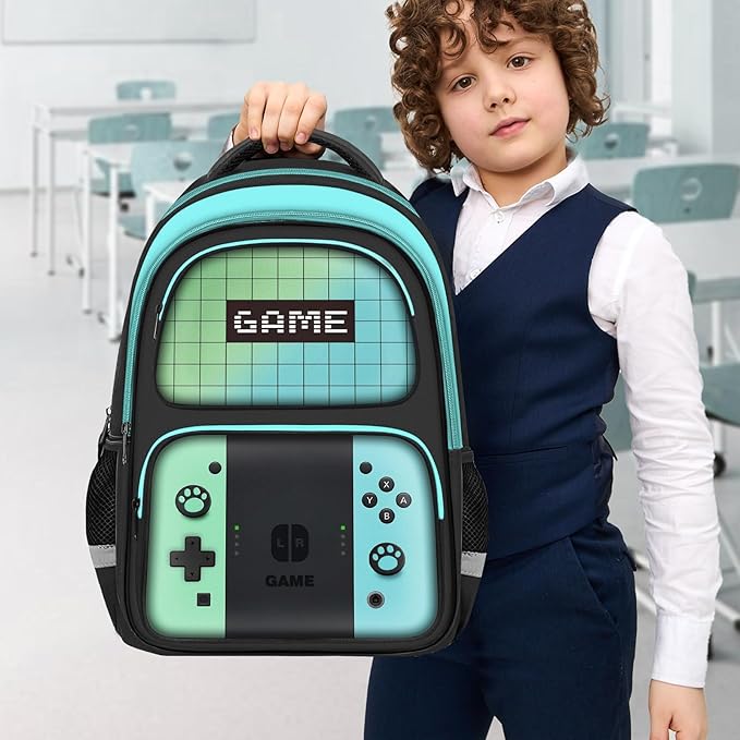 JIRAIKEI Kids Backpack For Boys，Gamer Boys Backpack For Children Teens Elementary Middle School, 17″ Students Bookbag
