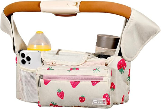 Universal Stroller Organizer with Insulated Cup Holders and Detachable Phone Bag,Stroller Caddy Fits for Stroller Accessories like Uppababy, Baby Jogger, Doona, Nuna Stroller (strawberry)