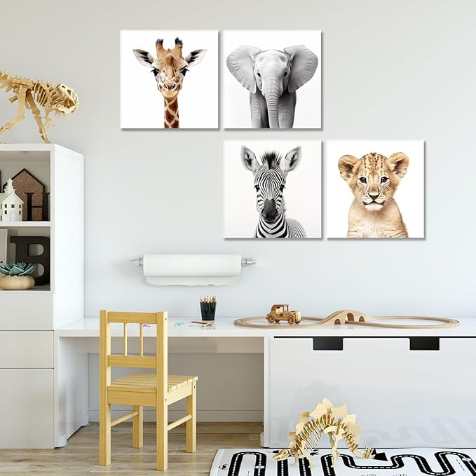 Kids Wall Art Cute Safari Animals Painting Picture for Nursery Children's Room Kids Bedroom Wall Decor Poster Giraffe/Lion/Elephant/Zebra Artwrok Framed,Set of 4