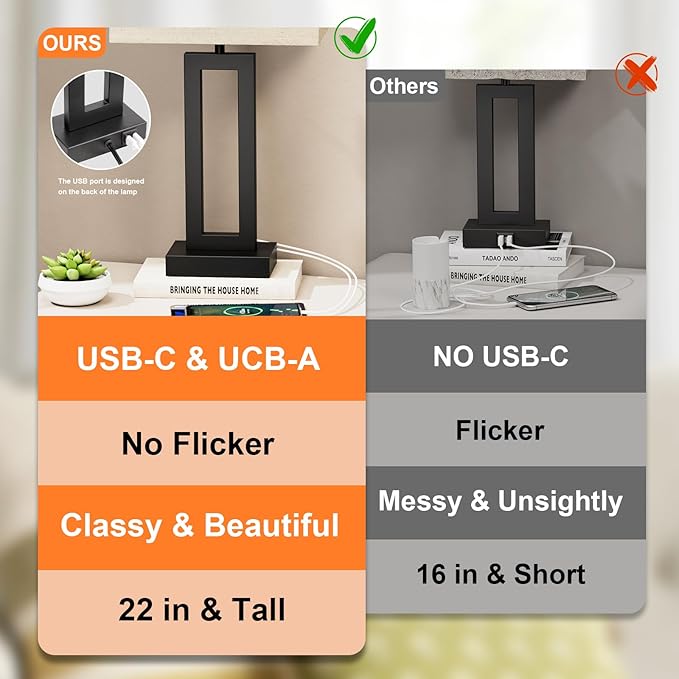 Modern 22" Tall Bedside Lamps for Night Stands - Touch 3 Way Dimmable Bedroom Lamps (Set of 2) with USB C+A (Beige & Black)