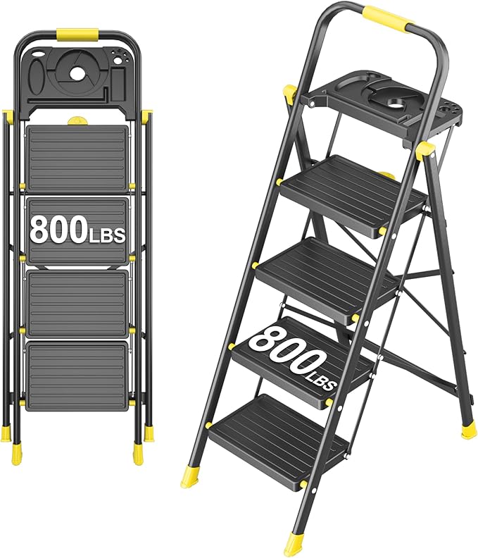 4 Step Foldable Step Ladder with Mutifunctional Tool Tray, Platform Ladders Stepstools, Step Stool 4 Step Folding with Non-Slip Pedals, 800lbs Bearing Capacity for Adults, Home, Kitchen, Black Yellow