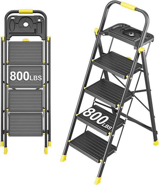 4 Step Foldable Step Ladder with Mutifunctional Tool Tray, Platform Ladders Stepstools, Step Stool 4 Step Folding with Non-Slip Pedals, 800lbs Bearing Capacity for Adults, Home, Kitchen, Black Yellow