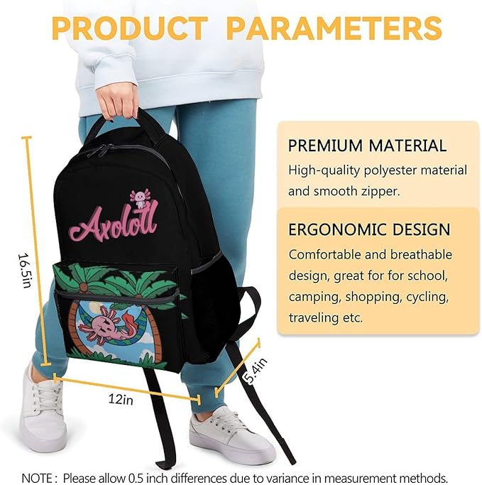 Mercuryelf Axolotl Backpack for Boys Girls, 16 Inch Black Backpacks for School Travel, Cute Lightweight Bookbag for Kids