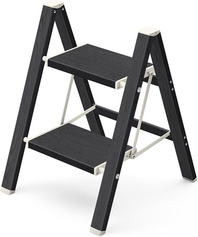 Mayi Plus 2 Step Ladder,Aluminum Folding Step Stool for Adults,Step Ladder with Wide Anti-Slip Pedal,330 lbs Capacity for Home,Kitchen,Library,Office(Ebony Woodgrain)