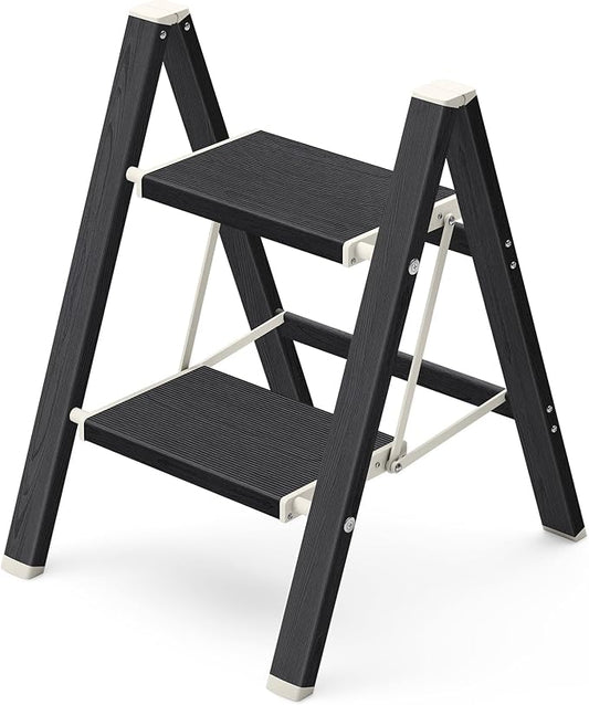 Mayi Plus 2 Step Ladder,Aluminum Folding Step Stool for Adults,Step Ladder with Wide Anti-Slip Pedal,330 lbs Capacity for Home,Kitchen,Library,Office(Ebony Woodgrain)