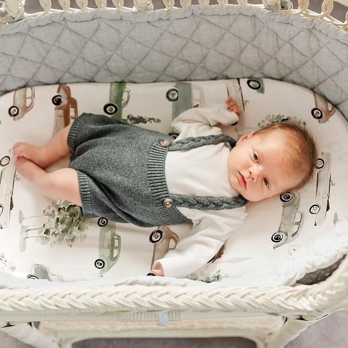 GRSSDER Stretchy Ultra Soft Fitted Bassinet Sheet Set 2 Pack, Universal Fit for Bassinets Baby Cradle Moses Basket Oval Rectangle Mattress Safe and Snug, Stylish Bassinet Sheets of Cars Print for Boys