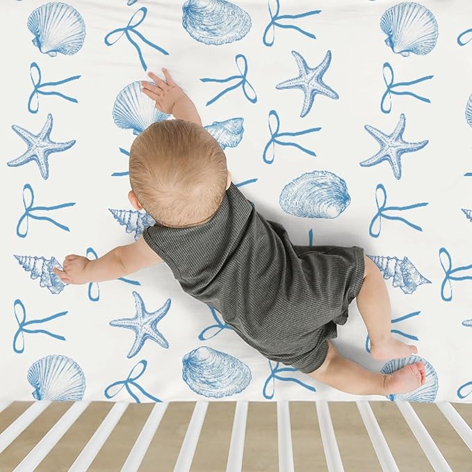 Summer Conches Bows Sea Baby Crib Sheets for Boy Girl 52"x28" Ocean Seashells Beach Soft Snug Fitted Crib Mattress Covers Boho Nautical Life Baby Sheet for Standard Crib and Toddler Bed Mattress