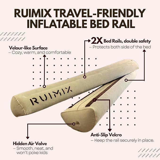 2-Pack Inflatable Bed Rails for Toddlers, Portable Travel Bed Bumpers for Kids, Non-Slip Velour Safety Guard Rails Fit Twin, Full, Queen and King Beds with Carry Bag
