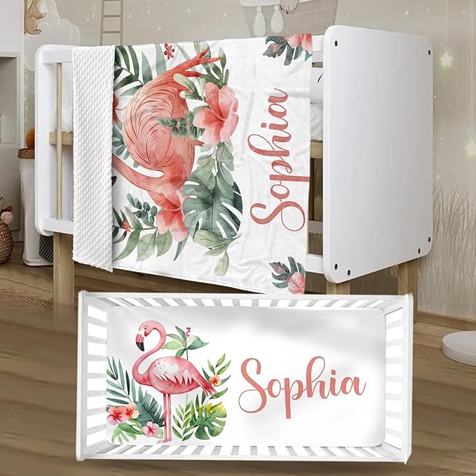 Personalized Baby Crib Bedding Set, Custom Name Flamingo Design Baby Bedding 2-Pcs Set-Soft Double Layer Dotted Blanket and Fitted Sheet, Nursery Bedding for Newborn Boys Girls, Perfect Shower Gift