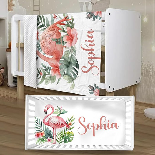 Personalized Baby Crib Bedding Set, Custom Name Flamingo Design Baby Bedding 2-Pcs Set-Soft Double Layer Dotted Blanket and Fitted Sheet, Nursery Bedding for Newborn Boys Girls, Perfect Shower Gift