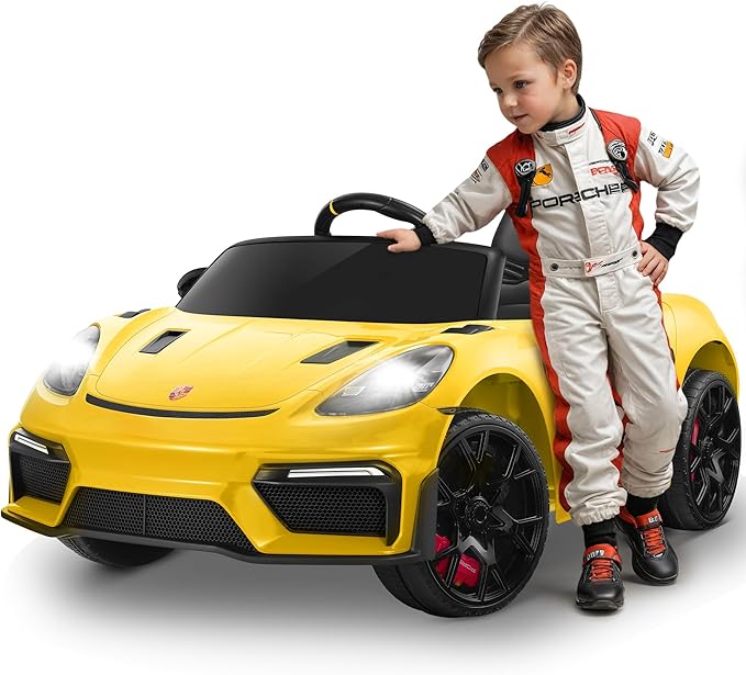 First Ride On Licensed Porsche 718 12V Ride on Toy for Kids, Ride on Car for Toddler, Child Electric Vehicle w/Parent Remote Control, 3 Speeds, Foot Pedal, Music, MP3, Led Headlights (Yellow)