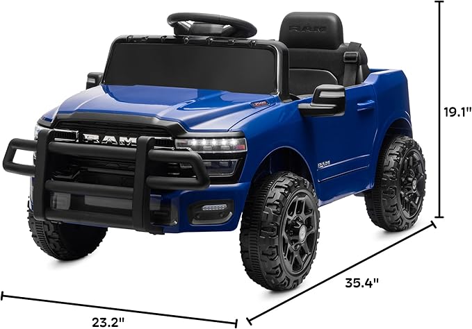 Kidzone 12V Licensed RAM 3500 Ride-On Truck for Kids, Battery Powered Electric Car w/Parent Remote Control & Manual Drive, Bluetooth, LED Lights - Blue