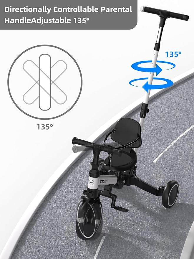 XJD Toddler Bike, 6 in 1 Folding Toddler Tricycle for 1-4 Year Old with Parental Control Handle, Balance Bike with Removable Pedal, Backrest, Adjustable Seat, First Birthday Gifts (White)