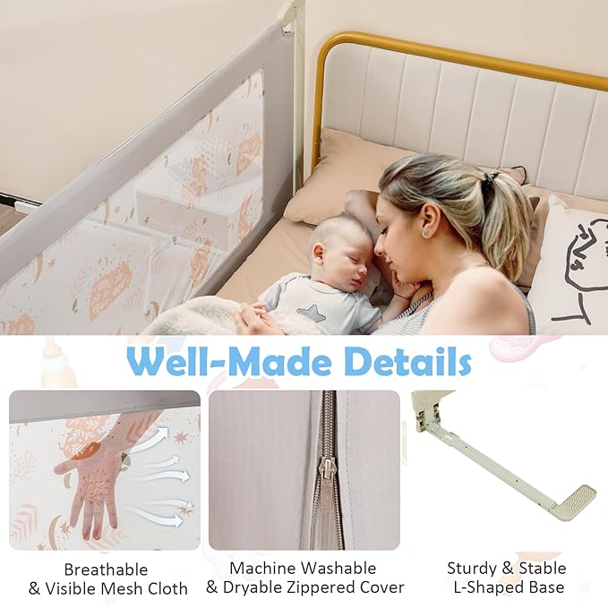 BABY JOY Bed Rail for Toddlers, 70" Vertical Lifting Extra Long Infants Safety Bed Side Rails with Double Lock, Foldable Baby Bed Rail Guard for Twin Double Full Size Queen King Mattress (Gray)