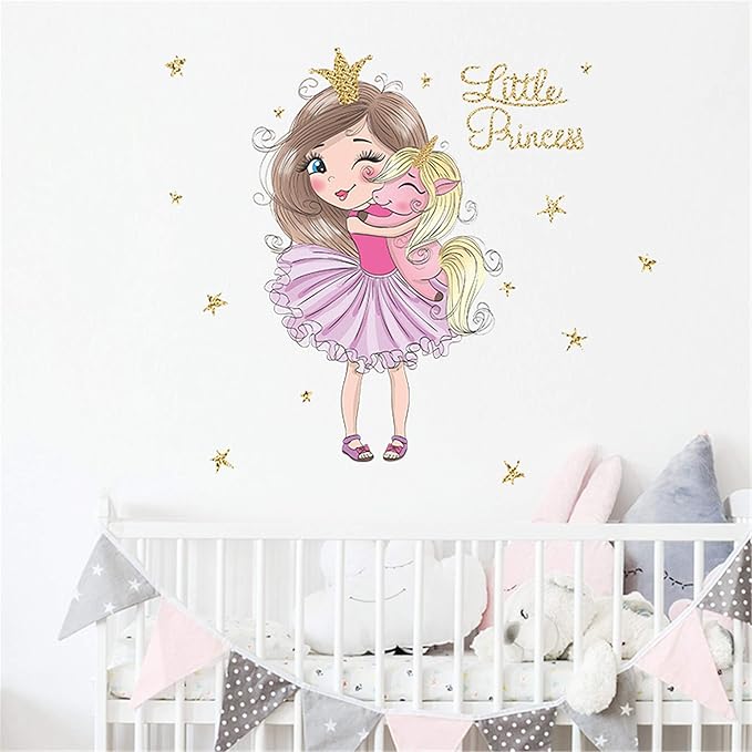 ROFARSO Colorful Cute Lovely Little Princess Hugging Baby Unicorn Wall Stickers for Kids Peel and Stick Removable Wall Decals DIY Decorations Decor for Nursery Baby Girls Bedroom Playroom Living Room