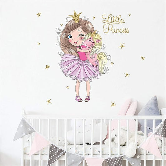 ROFARSO Colorful Cute Lovely Little Princess Hugging Baby Unicorn Wall Stickers for Kids Peel and Stick Removable Wall Decals DIY Decorations Decor for Nursery Baby Girls Bedroom Playroom Living Room