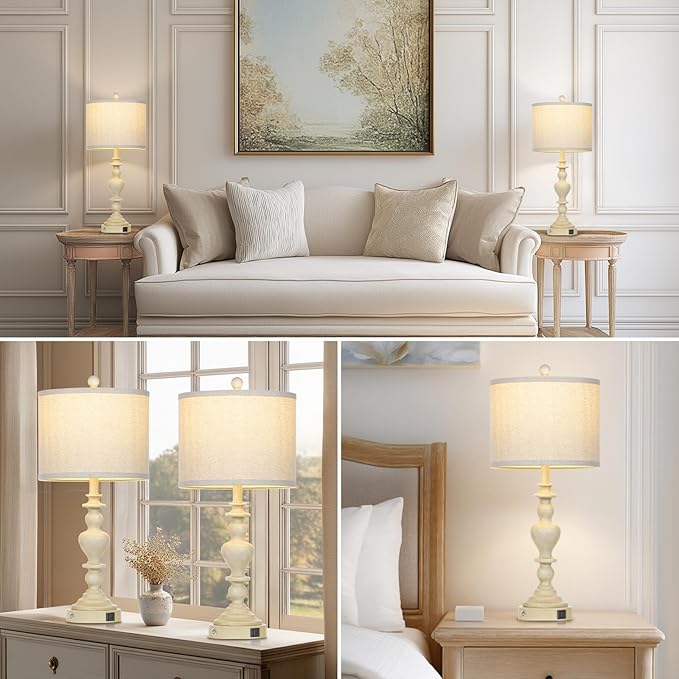 luxeflow 27" Farmhouse Table Lamps Set of 2, Vintage Bedside Lamps with USB A+C Charging Ports, 3-Way Dimmable Touch Control Traditional Nightstand Lamp for Living Room Beige (Bulbs Included)