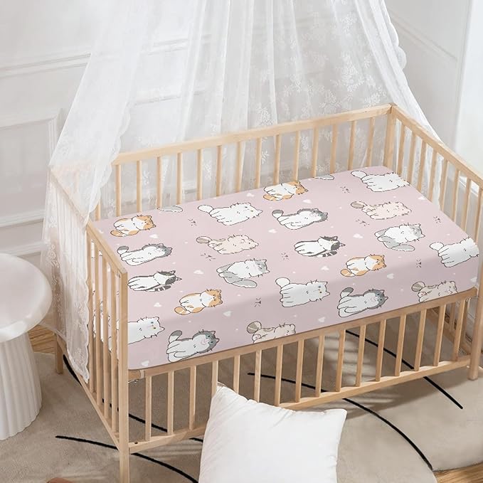 Cartoon Cat Fitted Crib Sheet Pink Cat Baby Crib Sheet Fit Standard Crib and Toddler Mattress,Crib Mattress Sheets for Boys Girls 28"x52"