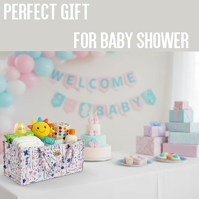 Floral Diaper Caddy Organizer, Caddy For Baby Stuff, Quilted Washable Car Storage for Newborn Toddler, Portable Nursery Storage Organizer for Changing, Waterproof Fabric Shower Basket, Floral Bag