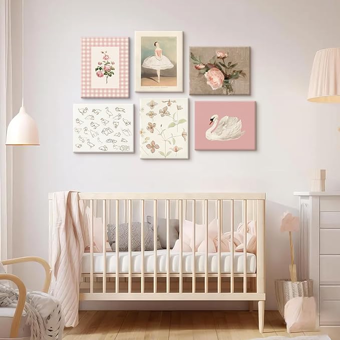 Nursery Pink Wall Art Decor Baby Girl Room Prints Vintage Nursery Floral Canvas Wall Decor Preppy Room Pictures Pink Swan Flower Paintings Artwork for Girls Bedroom 12x16 Inch Wrapped Canvas Set of 6