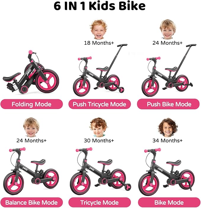 JMMD 6 in 1 Toddler Bike with Push Handle for Kids 18-60 Months, 12" Foldable Balance Bike with Training Wheels, Pedals, Brakes, Kickstand, Push Tricycle Toddler Gift & Toys for Boy & Girl