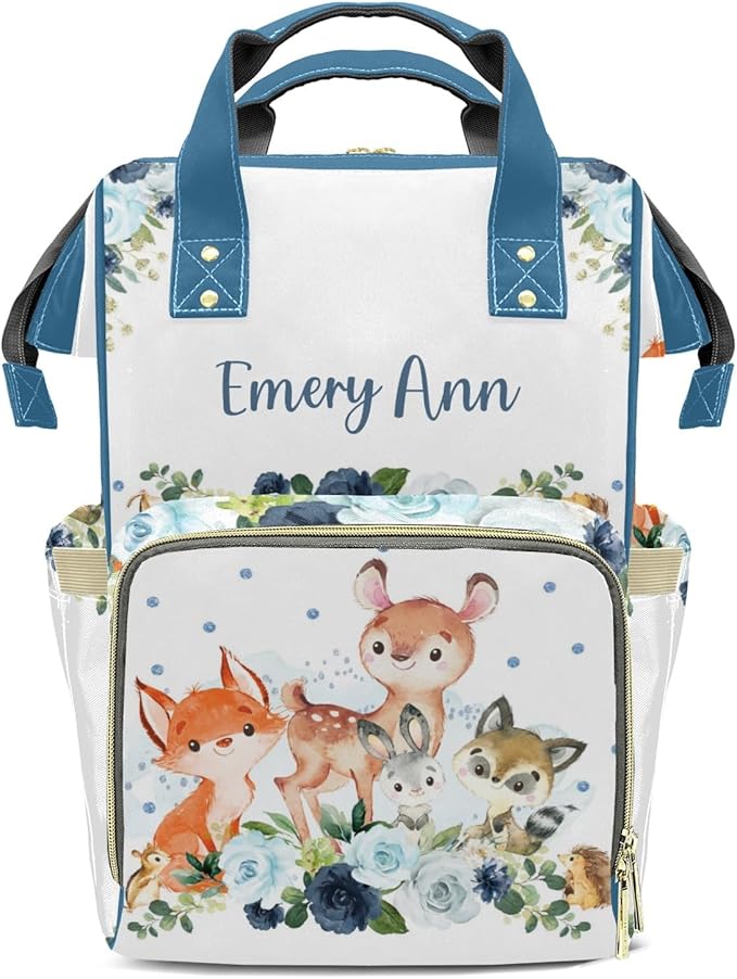 Personalized Boy Woodland Forest Navy Blue Floral Custom with Name Diaper Bag Backpack For Baby Boy Girl Dad Mom Unisex for Adult Daypack Holiday Gift