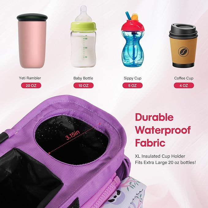 Universal Stroller Organizer with Insulated Cup Holders and Detachable Phone Bag,Stroller Caddy Fits for Stroller Accessories like Uppababy, Baby Jogger, Doona, Nuna Stroller (Purple Sloth)