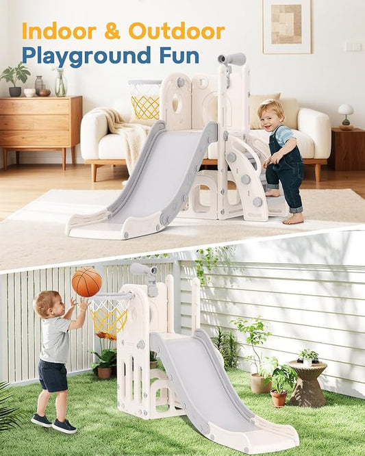 Babytronic Toddler Slide, 6 in 1 Kids Indoor Slide for Toddlers 1-3, Baby Indoor and Outdoor Climber Playset, Kids Slide with Basketball Hoop and Telescope, Toddler Outdoor Playground(White&Gray)