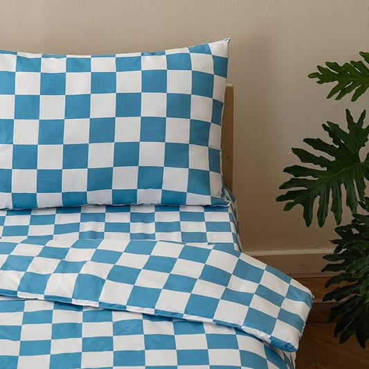 KAREVER Grid Toddler Bedding Set Blue White Checkered 4 Pieces Crib Bed Set Kids Pliad Comforter Set