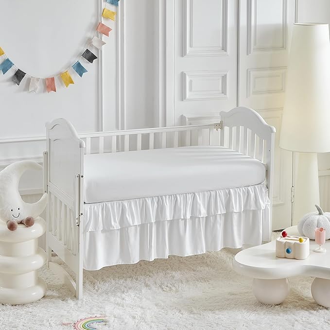 Ruffled Crib Bedding Set Baby Boho Quilted Comforter with Fitted Sheet and Bed Skirt - Cute Soft Breathable Seersucker Ruffled Shabby Chic Bedding Soft Blanket Design - White